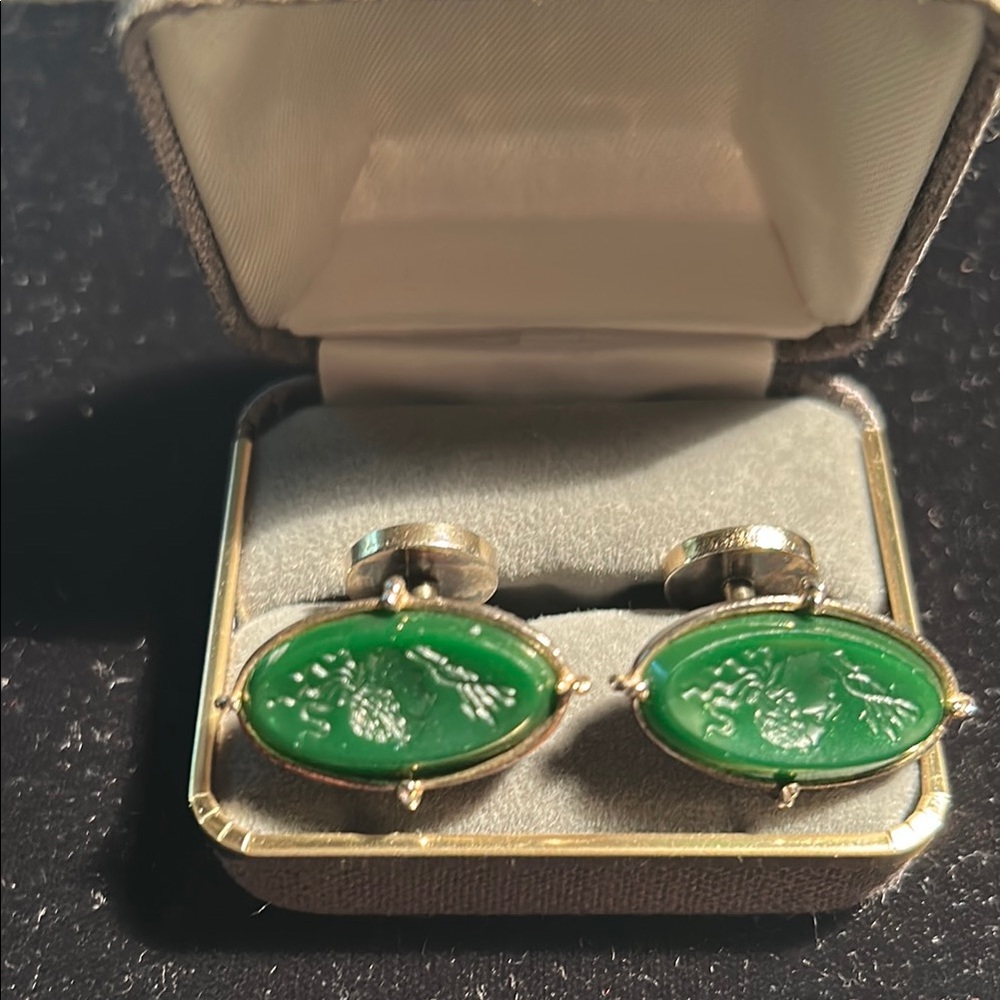 Signed pair of “Mr. John” Green Intaglio Glass cuff Links
